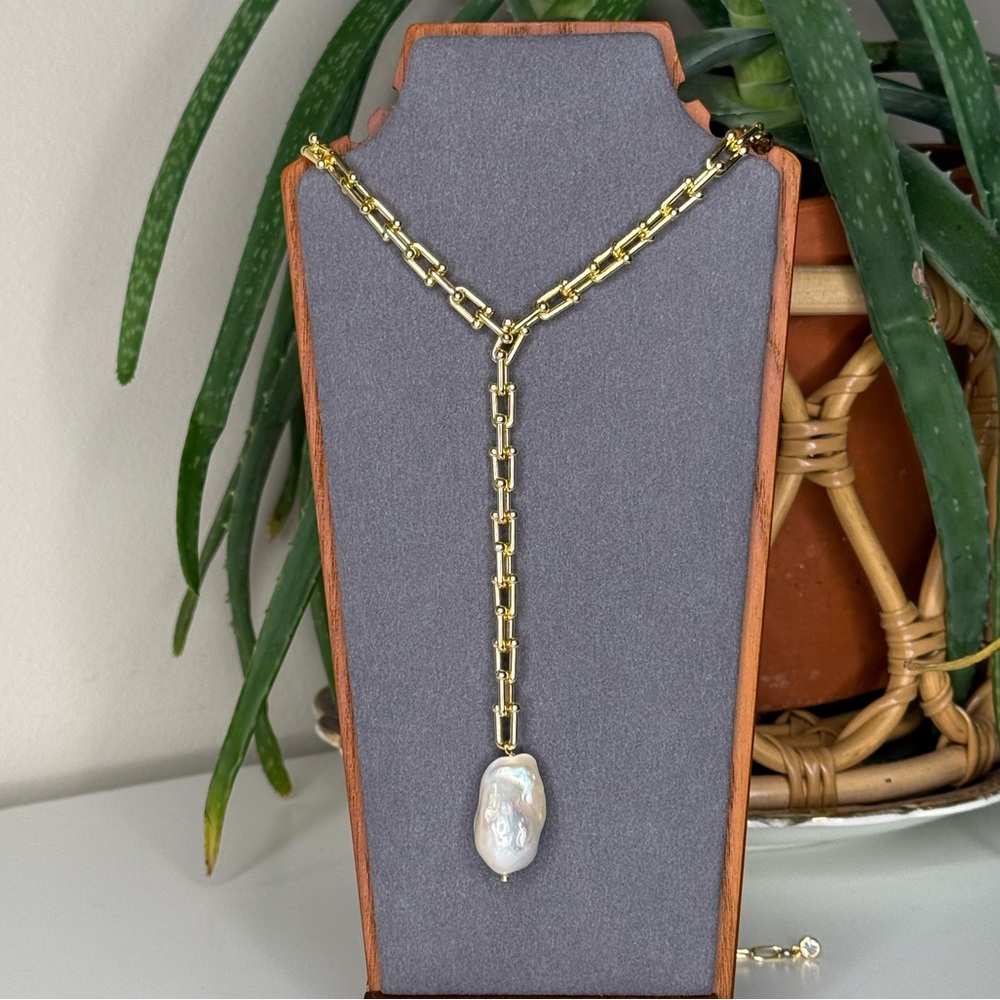 Vanessa Mooney Gold Bar Link Chain Baroque Pearl Lariat Necklace Statement - Picture 2 of 8